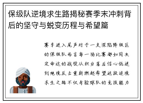 保级队逆境求生路揭秘赛季末冲刺背后的坚守与蜕变历程与希望篇